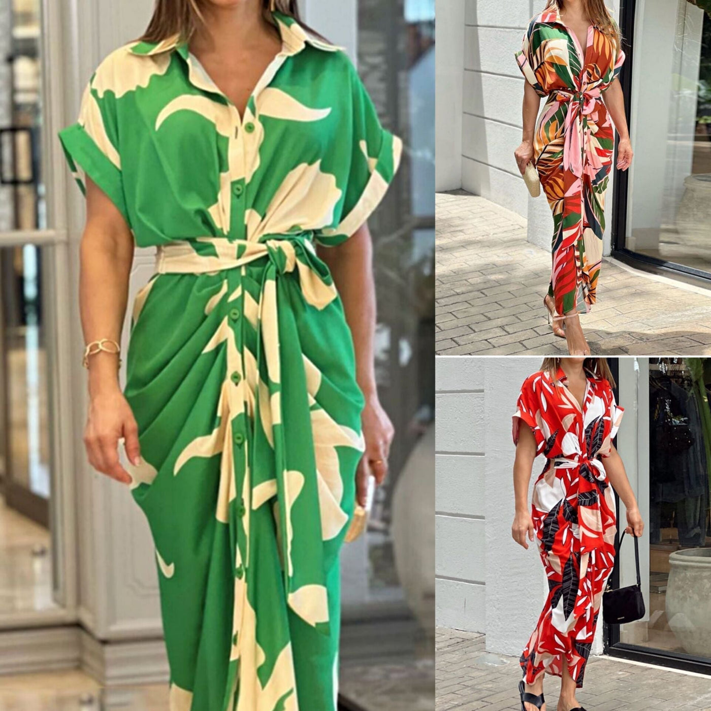 Casual Shirt Dress with Waist and Lapel Print