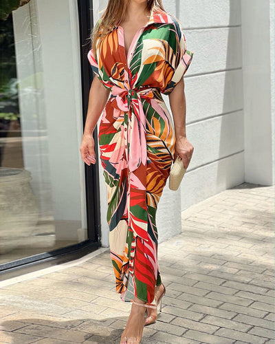 Casual Shirt Dress with Waist and Lapel Print