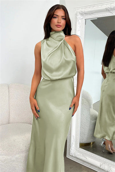 Carlina | Long Satin Dress with Halter Neck
