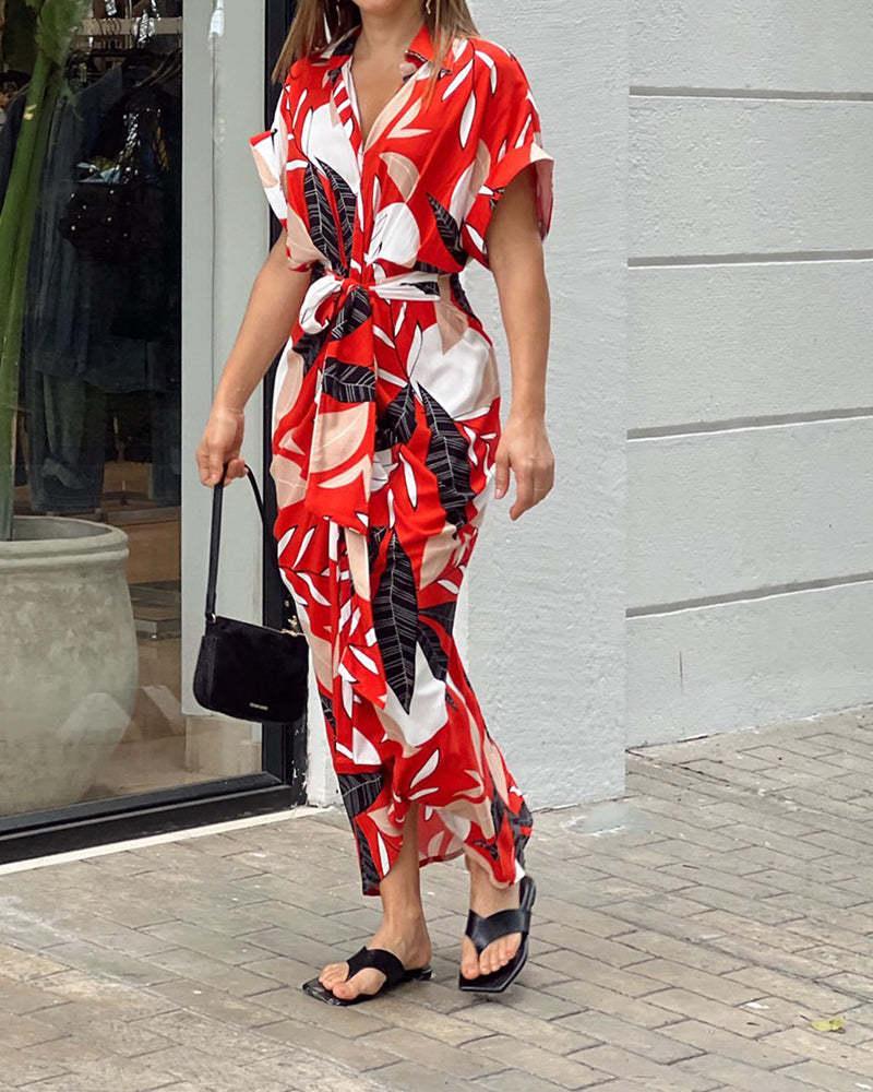 Casual Shirt Dress with Waist and Lapel Print