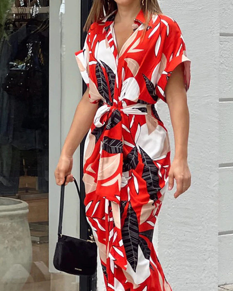 Casual Shirt Dress with Waist and Lapel Print