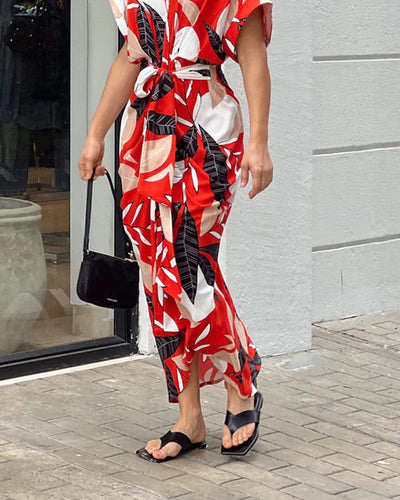 Casual Shirt Dress with Waist and Lapel Print