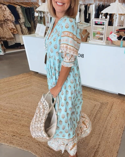 GIULIA | Printed Midi Dress with V-Neck and Elegant Balloon Sleeves
