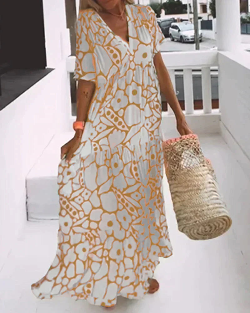 CHRISTINE | Long Summer Dress with Fluid Cut and Elegant Graphic Pattern