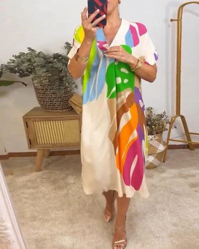 Casual Dress with Colorful Leaf Print