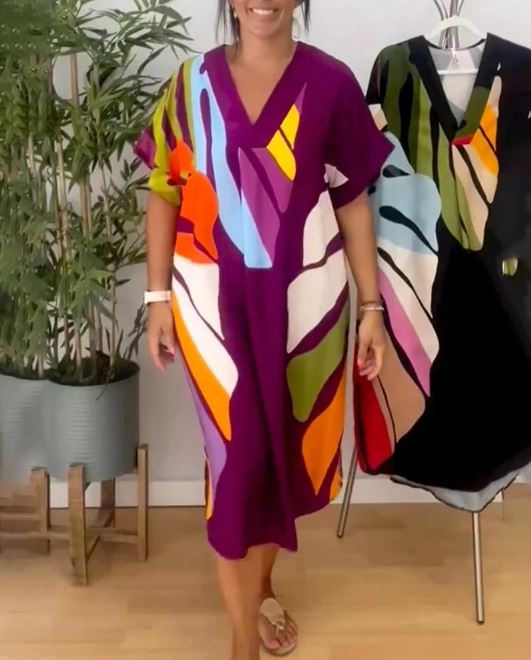 Casual Dress with Colorful Leaf Print