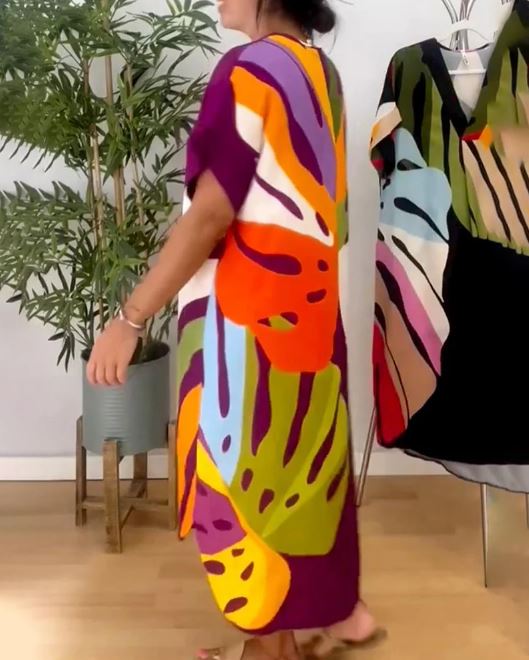 Casual Dress with Colorful Leaf Print