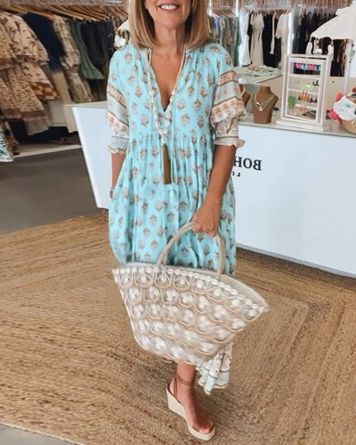 GIULIA | Printed Midi Dress with V-Neck and Elegant Balloon Sleeves