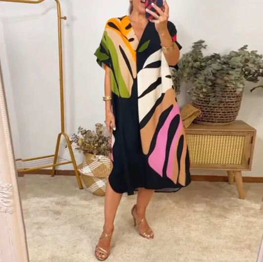 Casual Dress with Colorful Leaf Print