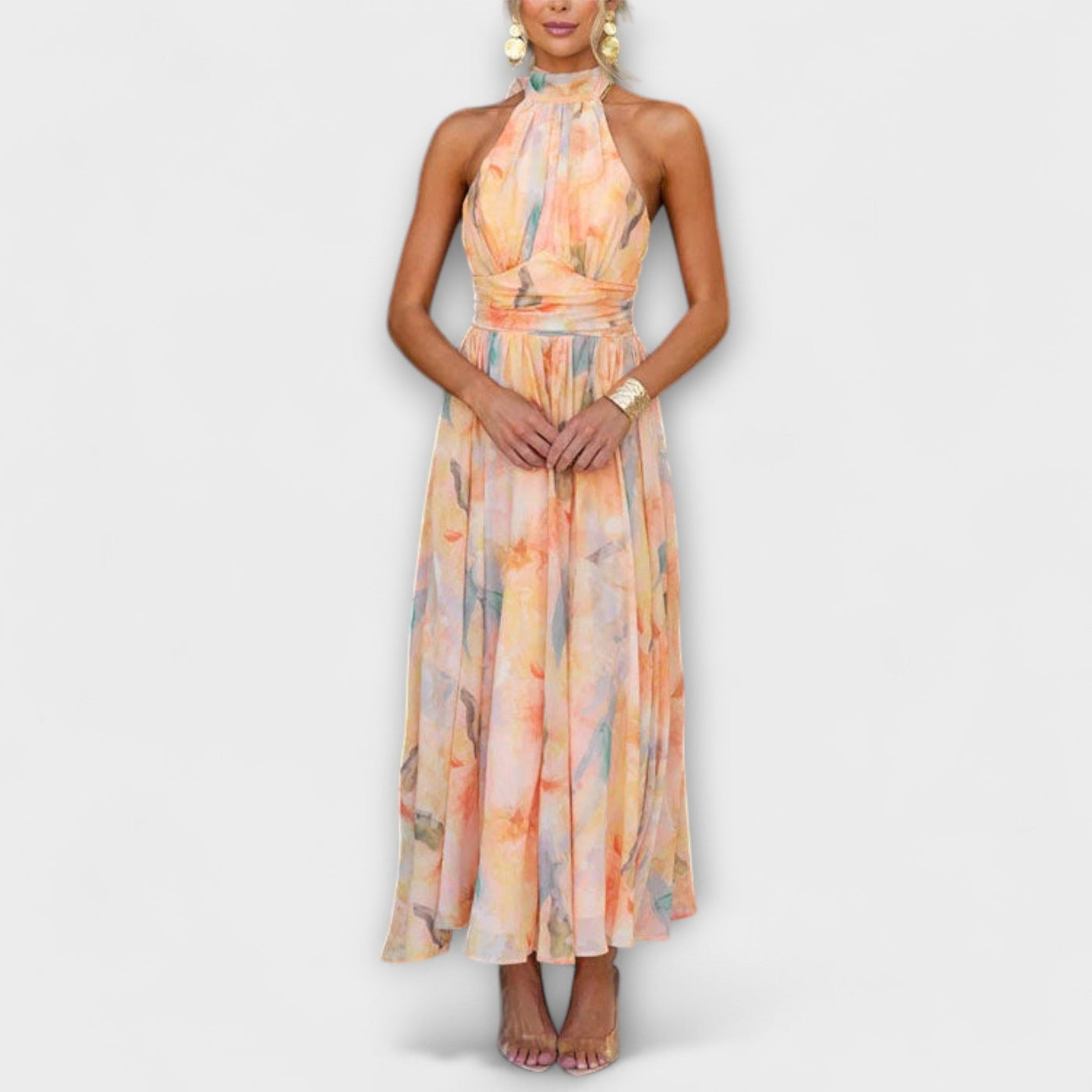 Halter - Neck Watercolor Print Maxi Dress