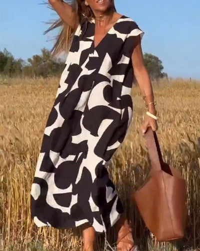 NAOMI | Long Printed Dress with V-Neck and Flared Line for a Holiday Look