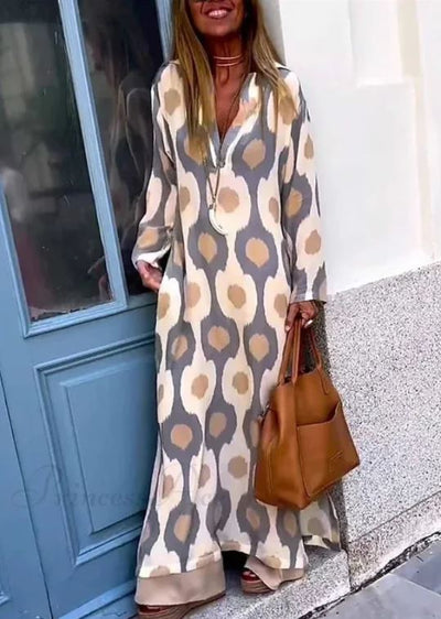Boho V-Neck Dress with Geometric Print and Autumn Slit