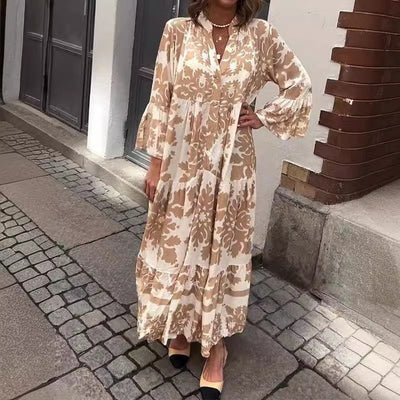 Attractive Maxi Dress with V-Neck and 3/4 Sleeves