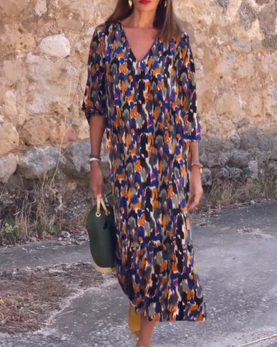 Retro Print V-Neck Dress