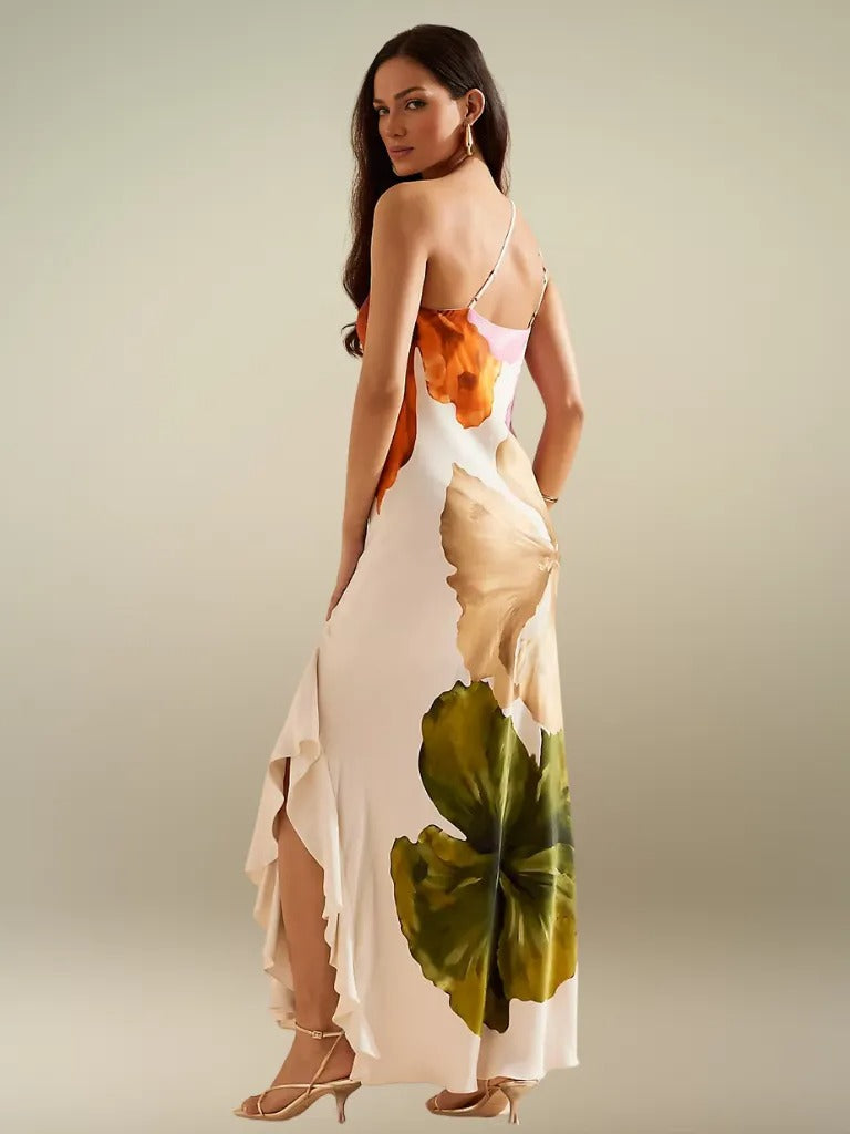 FLORÉLIA ASYMMETRICAL SATIN MAXI DRESS