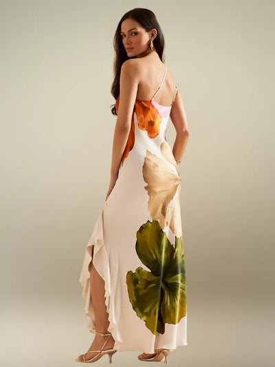 FLORÉLIA ASYMMETRICAL SATIN MAXI DRESS