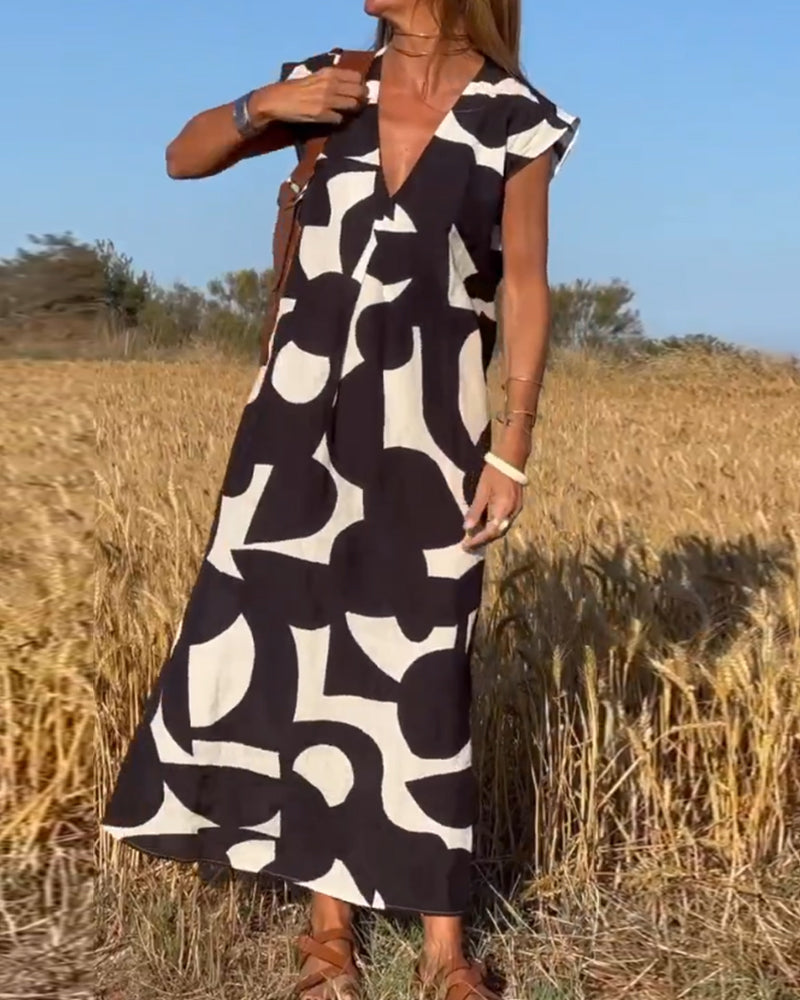 NAOMI | Long Printed Dress with V-Neck and Flared Line for a Holiday Look