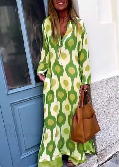 Boho V-Neck Dress with Geometric Print and Autumn Slit