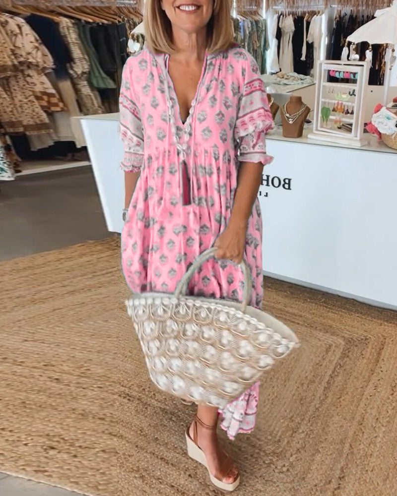 GIULIA | Printed Midi Dress with V-Neck and Elegant Balloon Sleeves