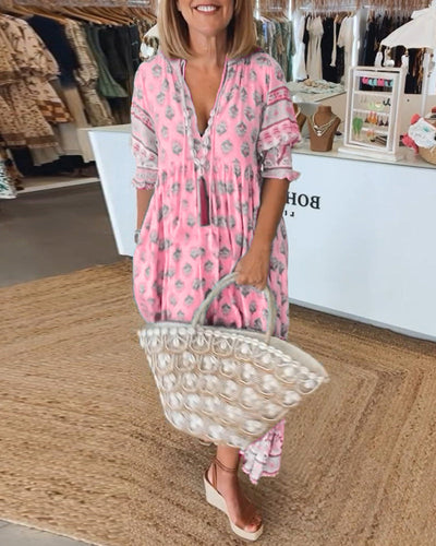 GIULIA | Printed Midi Dress with V-Neck and Elegant Balloon Sleeves