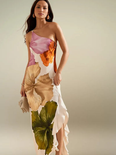 FLORÉLIA ASYMMETRICAL SATIN MAXI DRESS