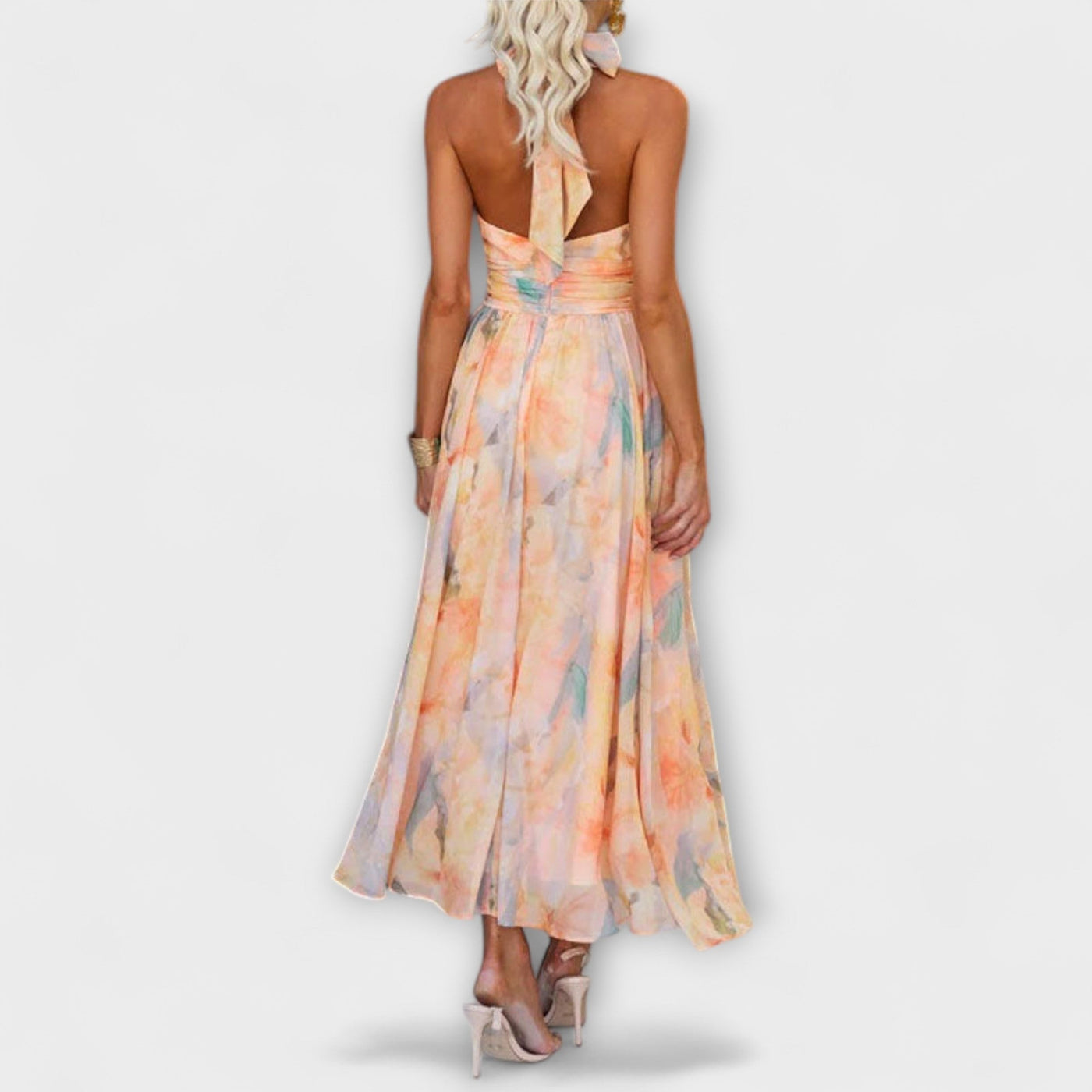 Halter - Neck Watercolor Print Maxi Dress