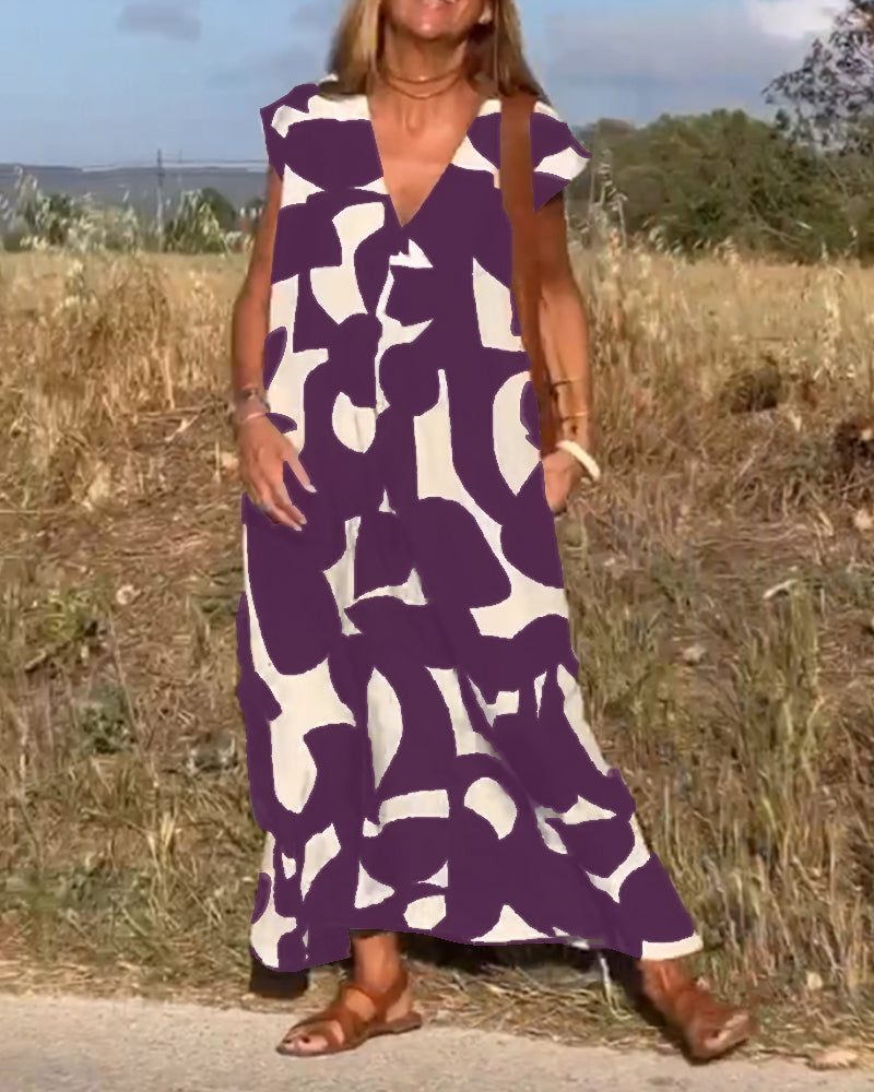 NAOMI | Long Printed Dress with V-Neck and Flared Line for a Holiday Look