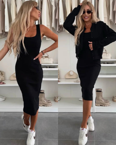 Karin™ | Ribbed Midi Dress & Bomber Jacket Set