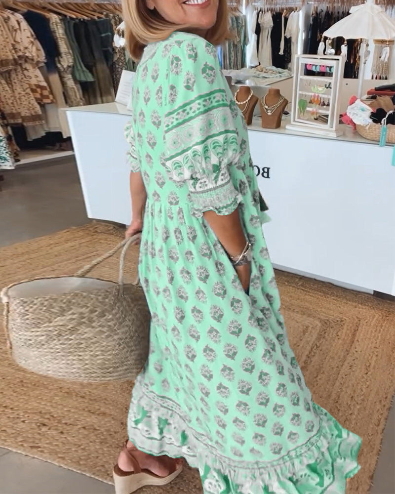 GIULIA | Printed Midi Dress with V-Neck and Elegant Balloon Sleeves