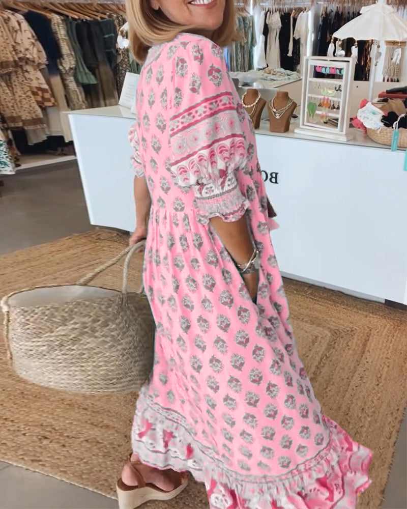 GIULIA | Printed Midi Dress with V-Neck and Elegant Balloon Sleeves