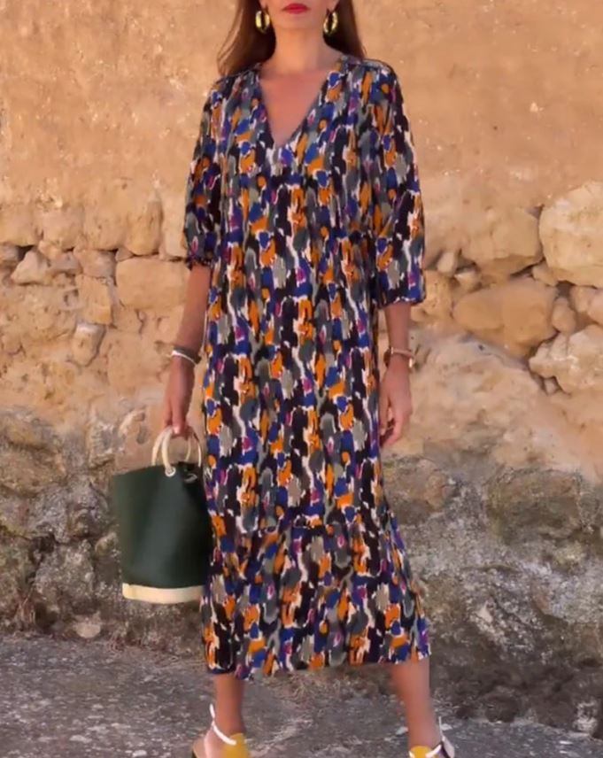Retro Print V-Neck Dress