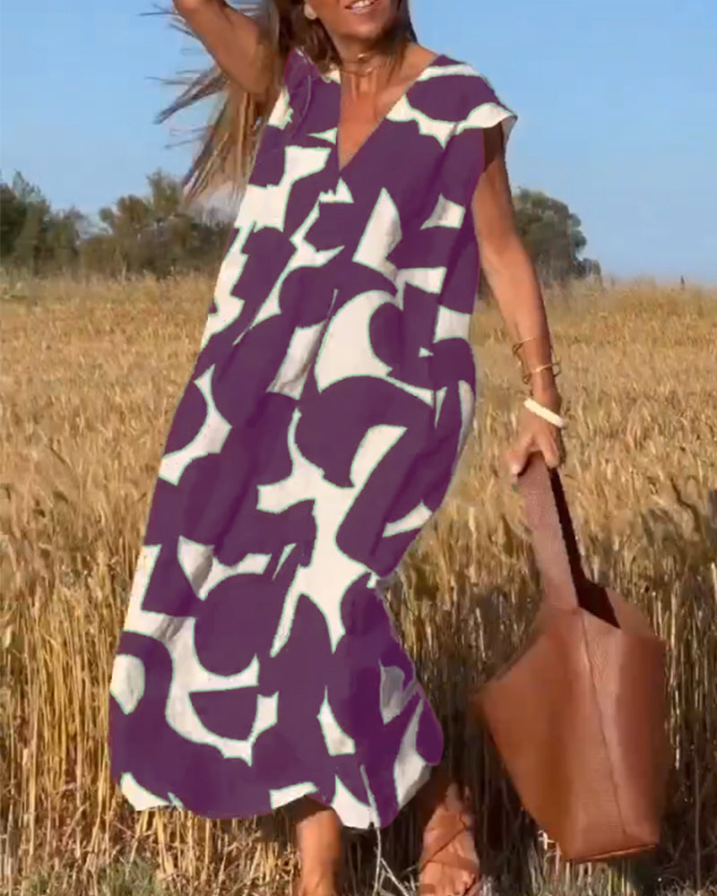 NAOMI | Long Printed Dress with V-Neck and Flared Line for a Holiday Look