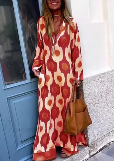 Boho V-Neck Dress with Geometric Print and Autumn Slit
