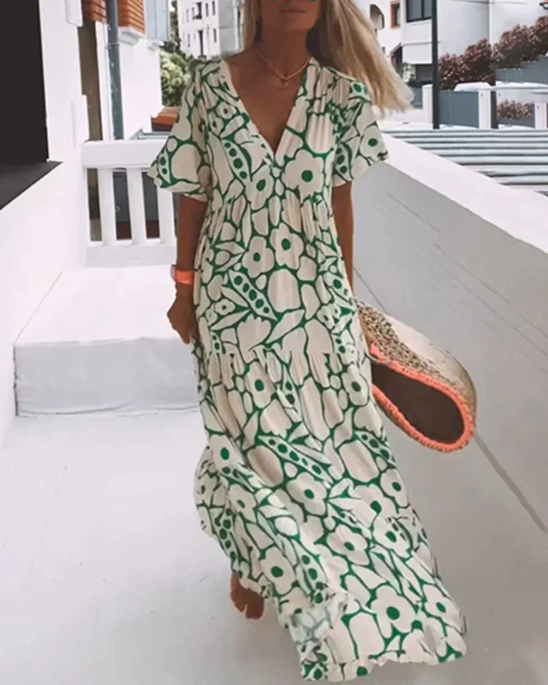 Loose Printed Dress with V-Neck