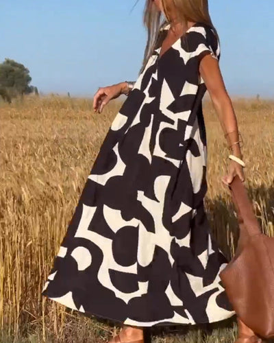 NAOMI | Long Printed Dress with V-Neck and Flared Line for a Holiday Look