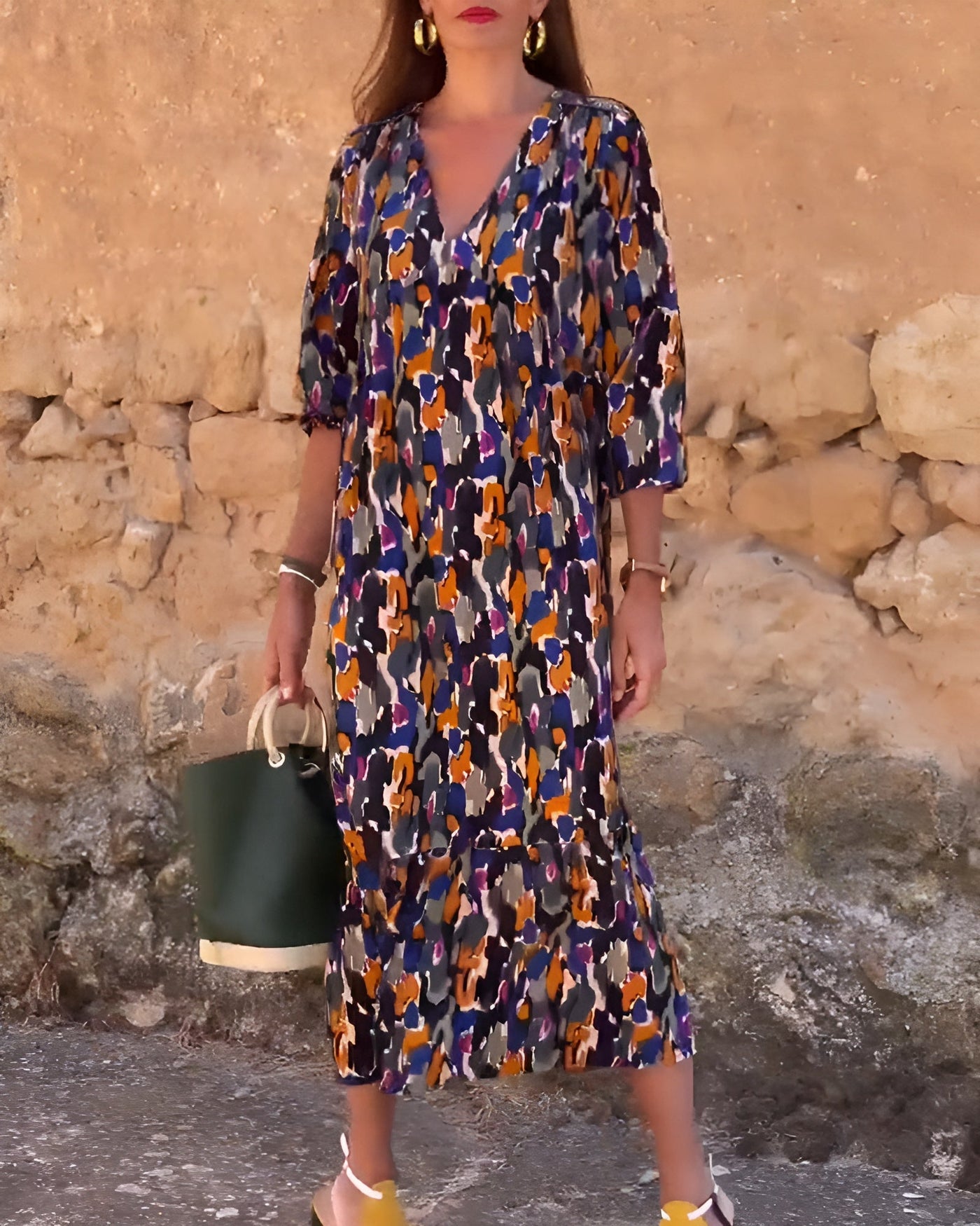 VIOLETTA | Long V-Neck Dress with Retro Pattern and Elegant Comfort for Every Moment