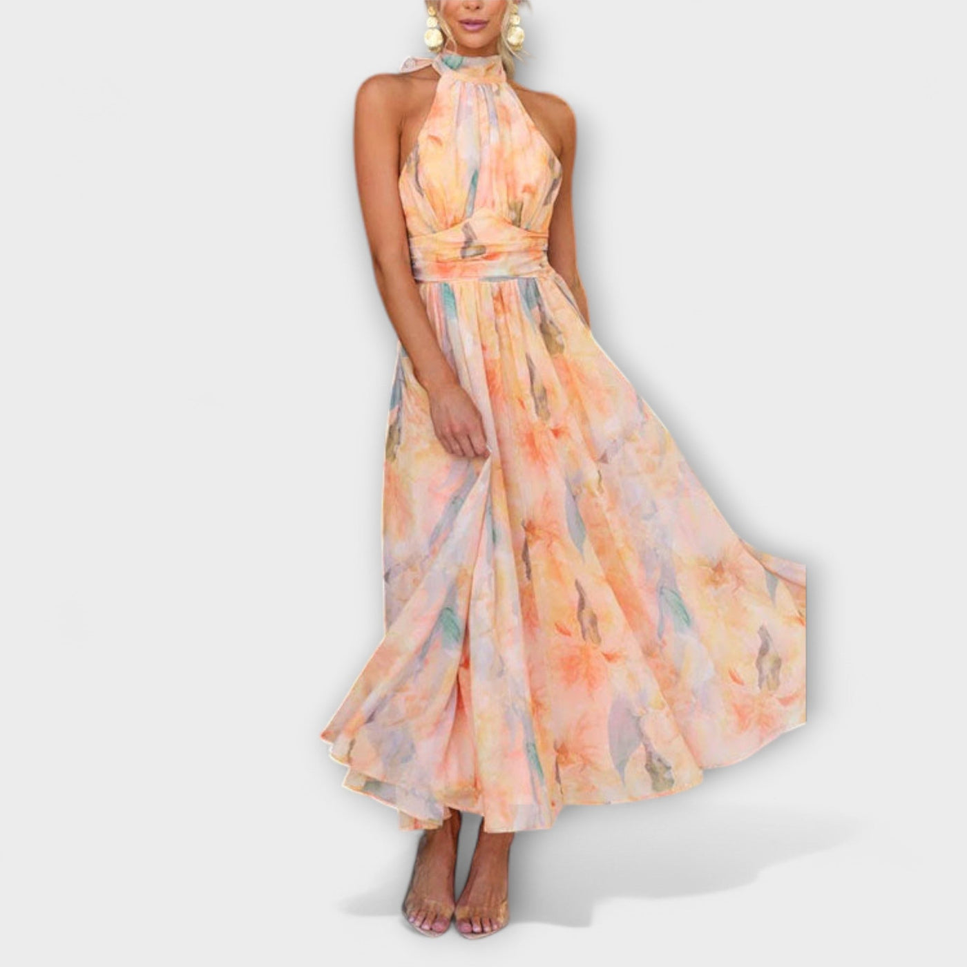 Halter - Neck Watercolor Print Maxi Dress