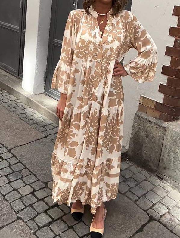 Attractive Maxi Dress with V-Neck and 3/4 Sleeves