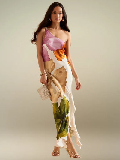 FLORÉLIA ASYMMETRICAL SATIN MAXI DRESS