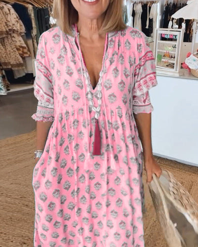 GIULIA | Printed Midi Dress with V-Neck and Elegant Balloon Sleeves
