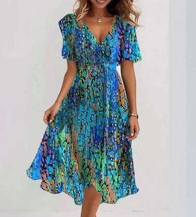 Special Blue Short Sleeve Midi Dress