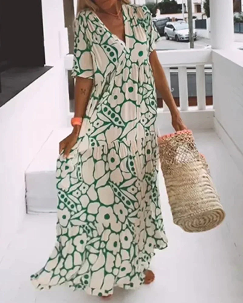 CHRISTINE | Long Summer Dress with Fluid Cut and Elegant Graphic Pattern