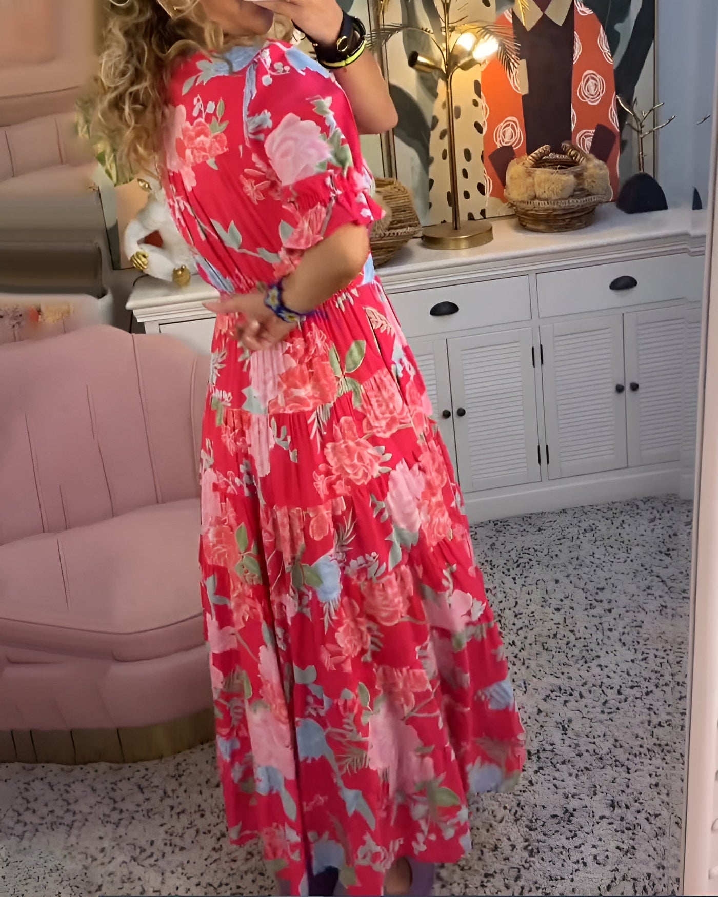 CATERINA | Long Floral Dress with Hidden Pockets and Feminine Day Cut