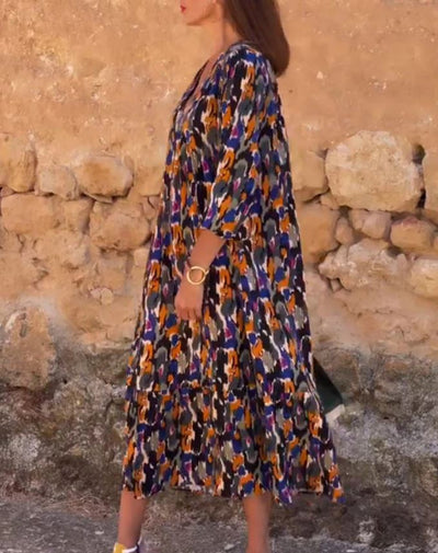 Retro Print V-Neck Dress