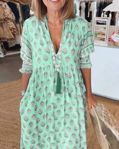 GIULIA | Printed Midi Dress with V-Neck and Elegant Balloon Sleeves