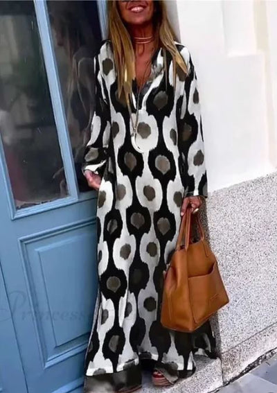 Boho V-Neck Dress with Geometric Print and Autumn Slit