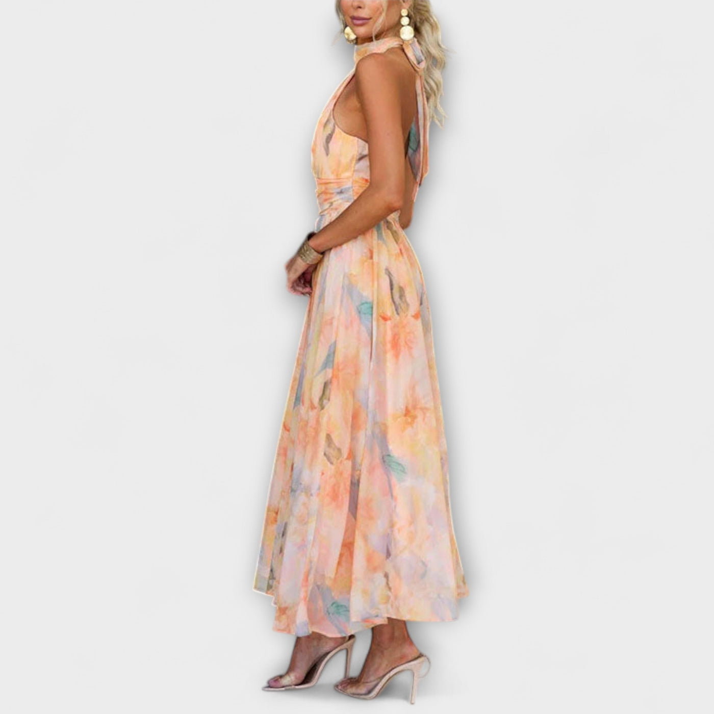 Halter - Neck Watercolor Print Maxi Dress
