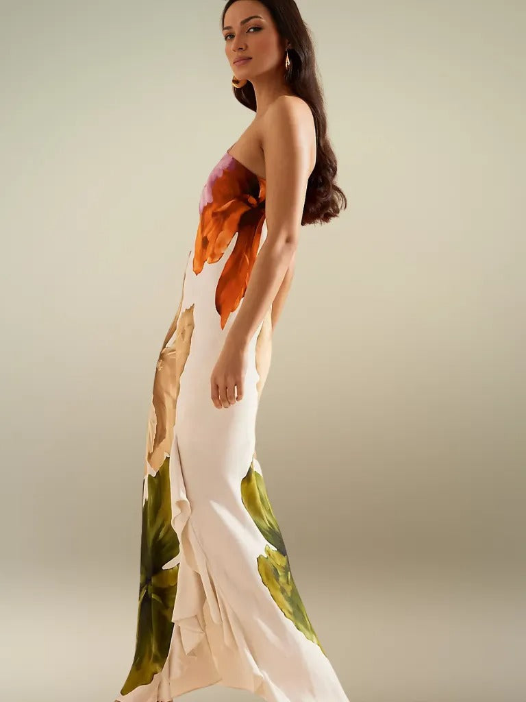 FLORÉLIA ASYMMETRICAL SATIN MAXI DRESS