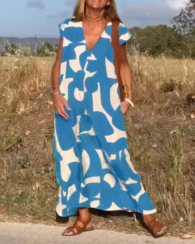 NAOMI | Long Printed Dress with V-Neck and Flared Line for a Holiday Look