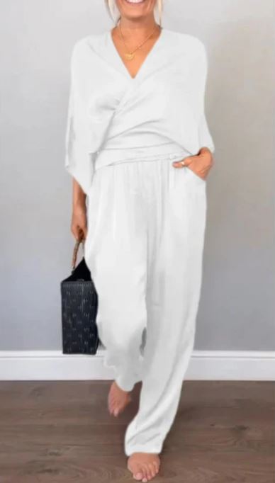 Elegant 2-Piece Set for Women, V-Neck Top and Mercerized Cotton Pants